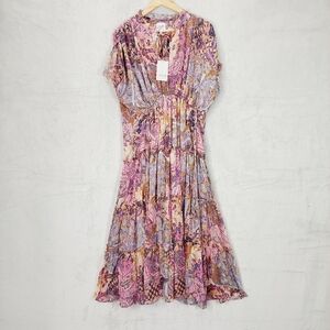 New Misa Women's Purple Ilya Split-Neck Tiered MIDI Dress P3273